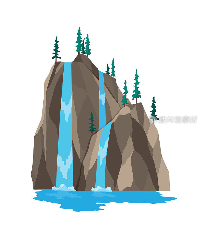 卡通河瀑布。风景与山和树木。旅游手册或插图手机游戏的设计元素。清新自然的水