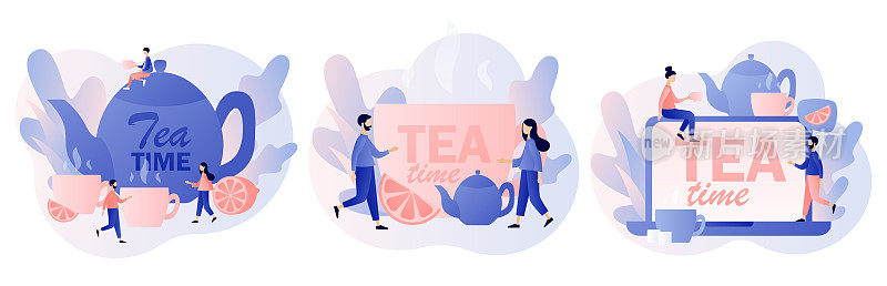 下午茶时间的概念。热饮料。小矮人在喝茶。水壶，杯子，柠檬片和方糖。现代平面卡通风格。矢量插图上的白色背景