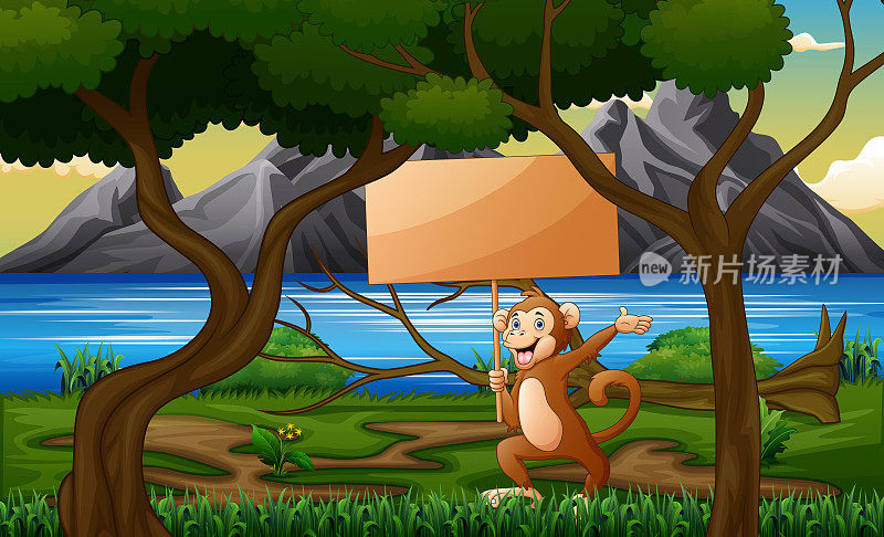 卡通猴子举着木头牌子在森林里