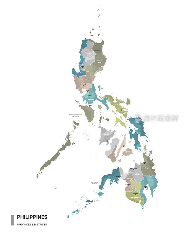 菲律宾高详细地图与细分。菲律宾行政地图，带有地区和城市名称，按州和行政区域着色。矢量插图。
