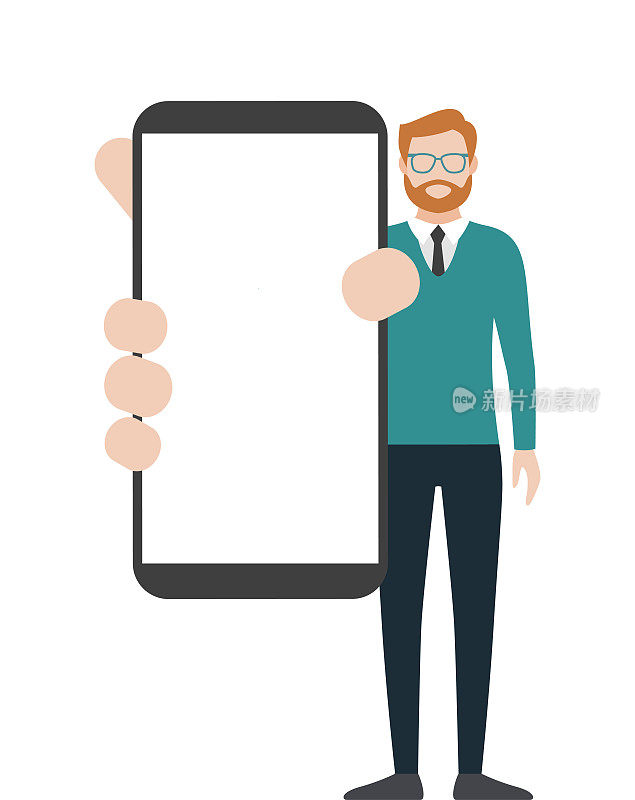 男子展示一个空白的智能手机屏幕。卡通矢量股票插图