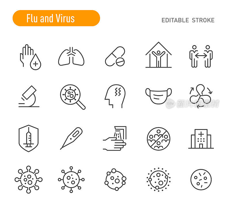 流感和病毒图标-线条系列-可编辑描边