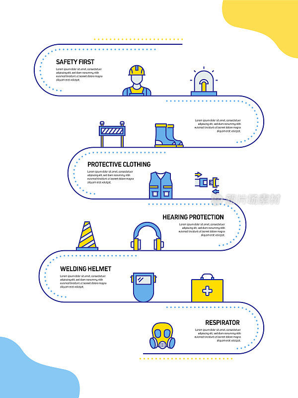 工作安全相关过程信息图表模板。过程时间图。使用线性图标的工作流布局