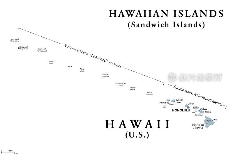 夏威夷群岛，三明治群岛，灰色的政治地图