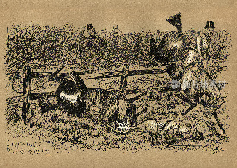 贝尔伏，维多利亚猎狐时，一名骑手在试图跳过篱笆时从马上摔了下来