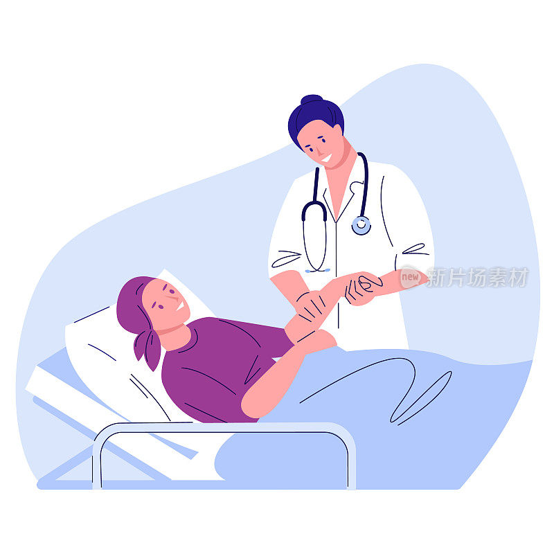 一个癌症患者躺在医院的病床上。肿瘤医生就站在她旁边，握着她的手。意识淡紫色的丝带。肿瘤治疗的概念。矢量插图。平的风格。