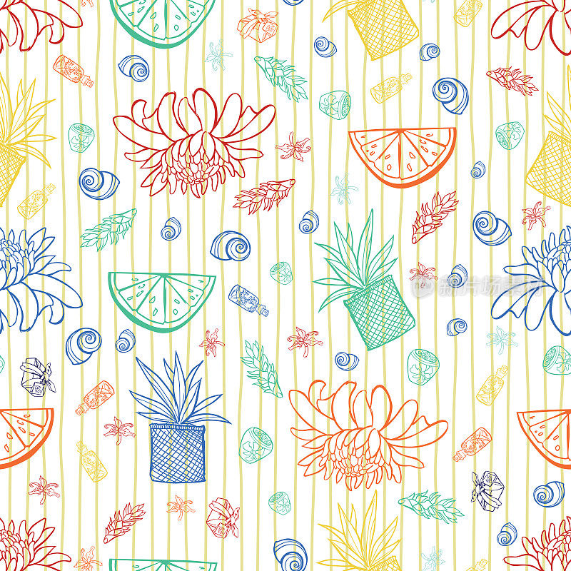 Vector热带夏季无缝模式与火炬姜花，酸橙水果，植物在篮子和海贝壳与条纹。非常适合布料、包装纸和墙纸项目。
