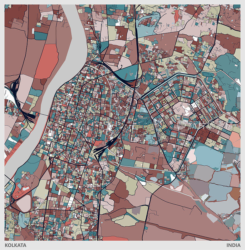 彩色艺术插画风格地图，加尔各答市，印度