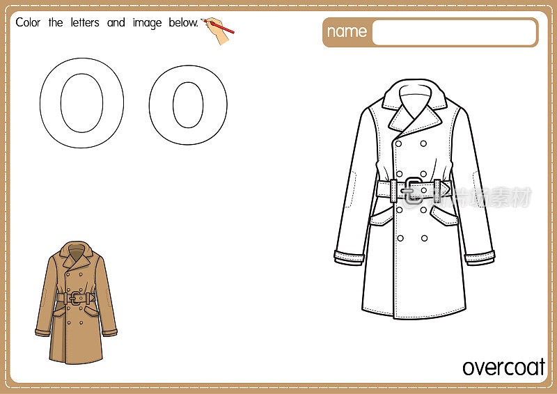 矢量插图的儿童字母着色书页与概述剪贴画，以颜色。字母O代表大衣。
