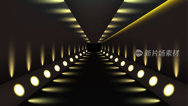 抽象的未来主义走廊隧道背景灯光效果。视错觉设计