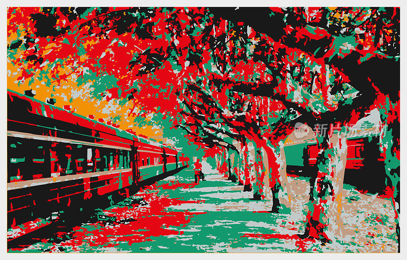 向量色彩雕刻风格的火车站景观，浦口站，南京市-江苏省，中国