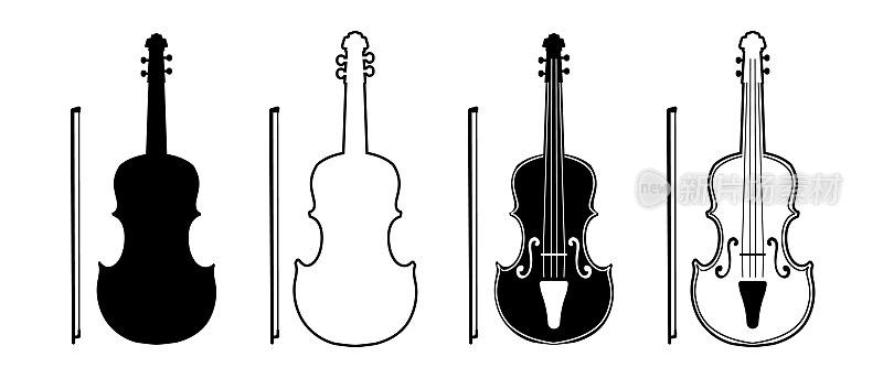 小提琴矢量图标集。声学小提琴或小提琴剪影