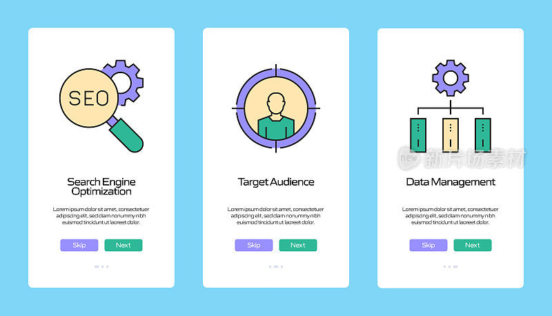 搜索引擎优化概念Onboarding移动应用程序页面屏幕与平面图标。UI设计模板矢量插图