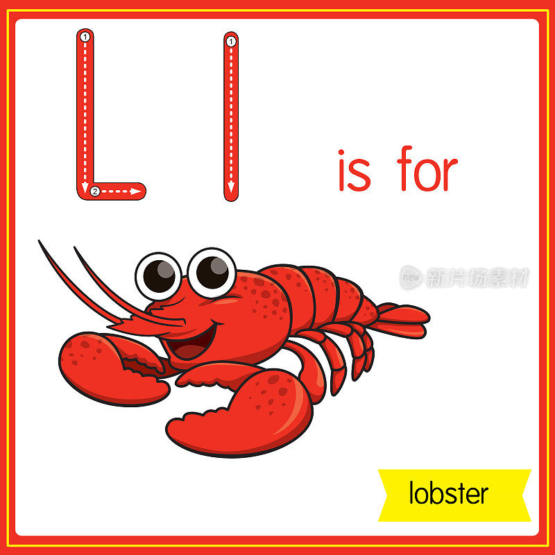 矢量插图学习字母为儿童与卡通形象。字母L代表龙虾。