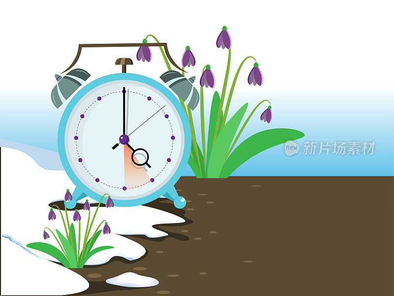 日光节约时间横幅。时钟前进。蓝铃花盛开，雪融化。春钟改变概念。