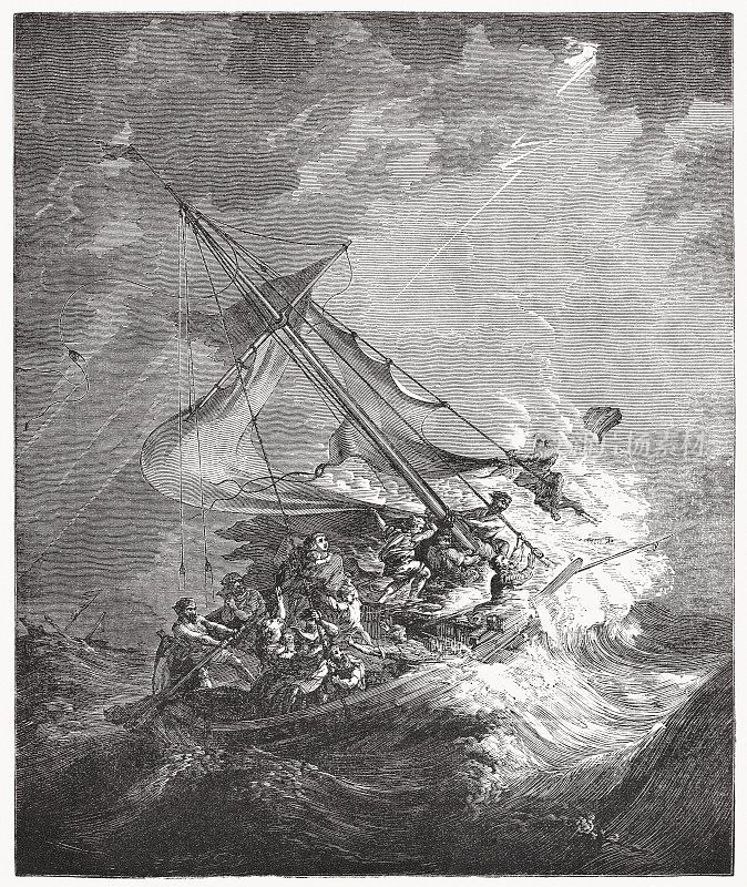 遇难的帆船，来自过去的戏剧性场面，木刻，出版于1862年