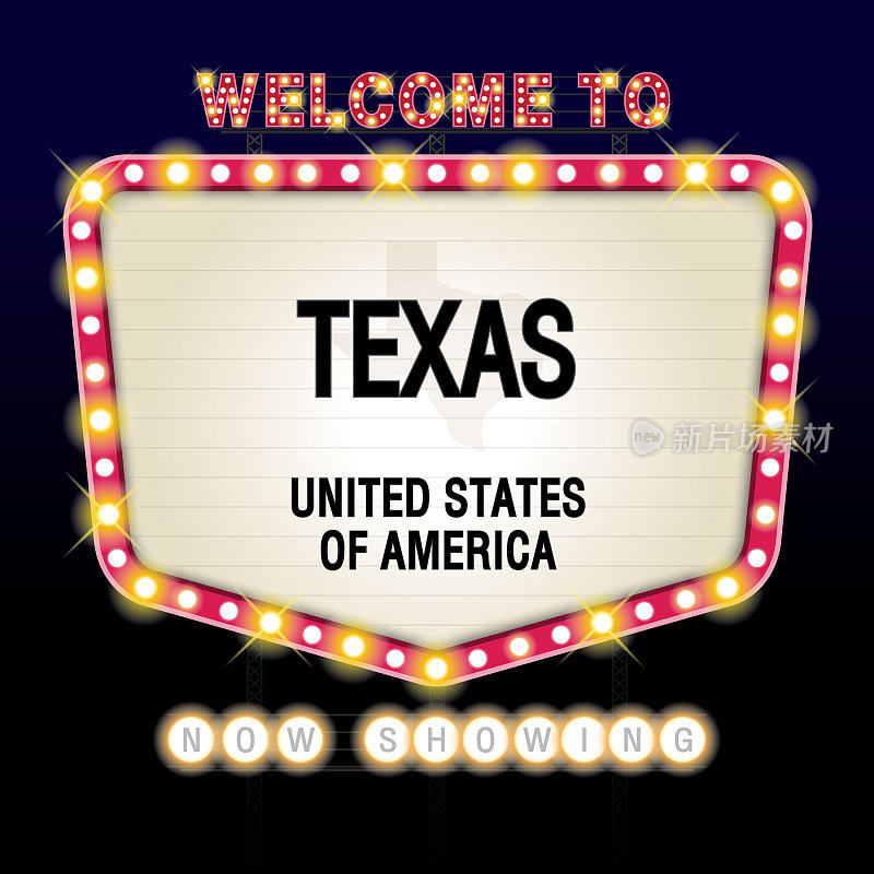 美国的标志与信息，得克萨斯州和地图上的Showtime标志剧院背景矢量艺术图像插图。