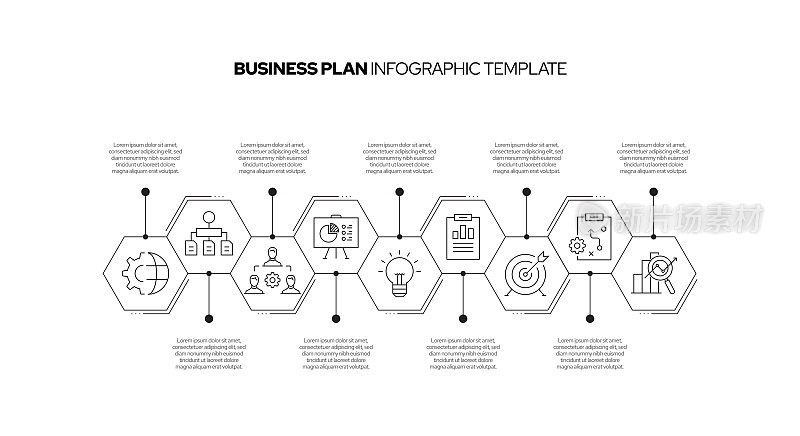 商业计划概念矢量线信息图形设计图标。9个选项或步骤的介绍，横幅，工作流程布局，流程图等。
