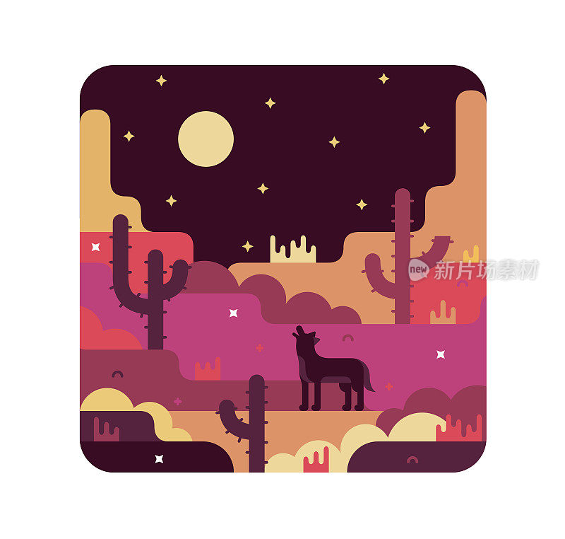 夜晚的沙漠，狼对着月亮嚎叫，仙人掌，岩石。矢量平面卡通插图