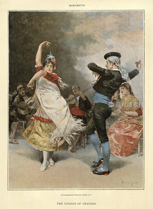 格拉纳达的吉塔纳斯，西班牙弗拉明戈舞蹈，舞龙，传统服装，19世纪维多利亚时代