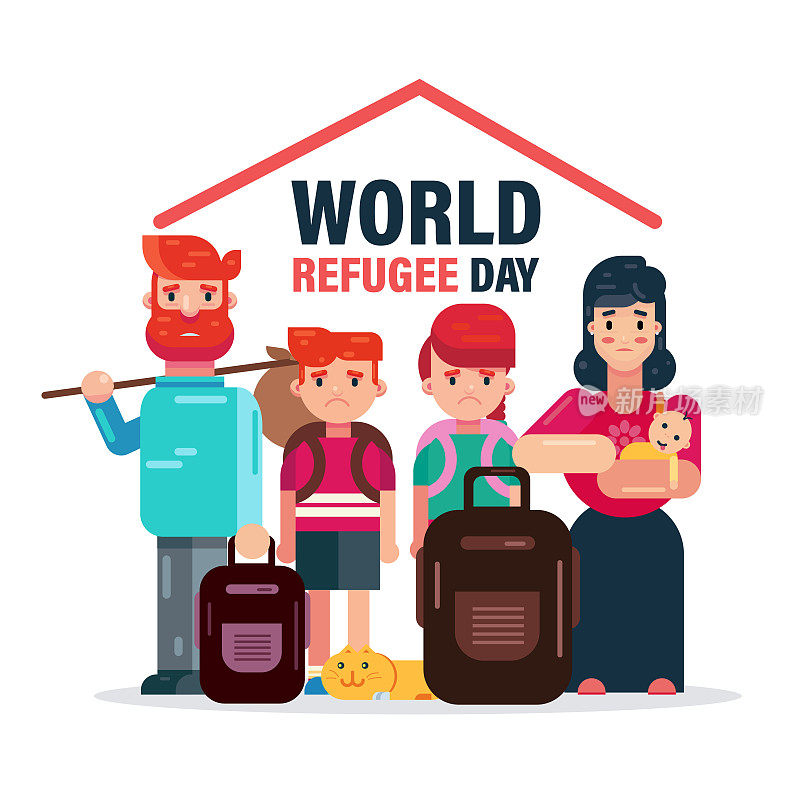 世界难民日6月20日矢量插图与家庭卡通人物设计