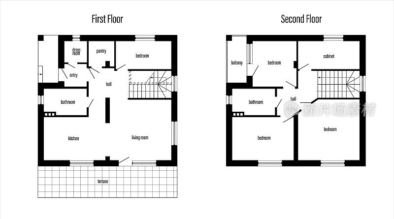 房子的平面图，现代农舍。个人别墅、公寓项目。建筑CAD图纸。规划布局。技术计划。矢量图