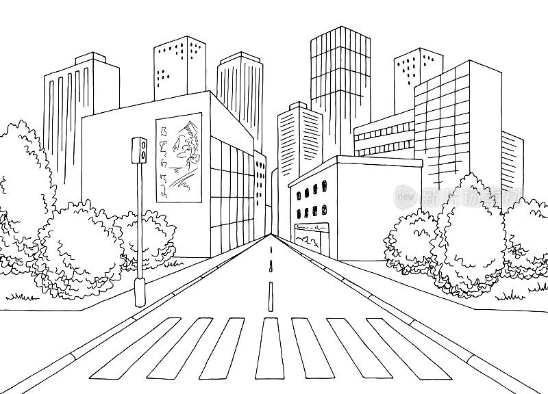 人行横道街道道路图形黑白城市景观素描插图矢量
