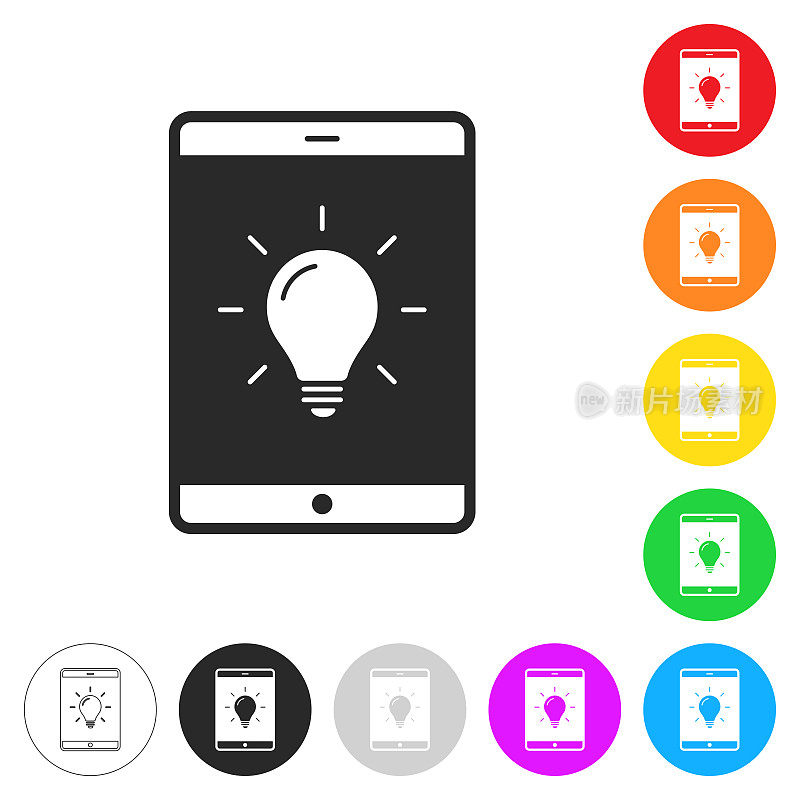 带灯泡的平板电脑。彩色按钮上的图标