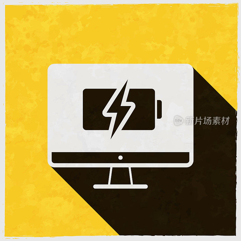 带电池充电符号的台式电脑。图标与长阴影的纹理黄色背景
