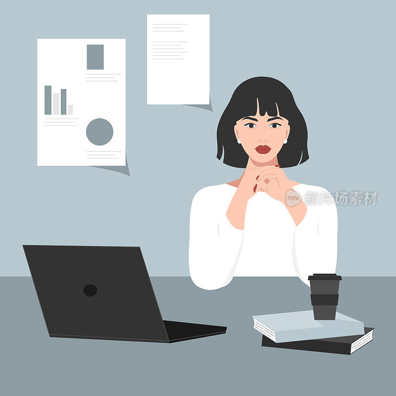 穿着衬衫的女商人，坐在她的办公桌前，拿着笔记本电脑和咖啡。现实主义风格的美丽成功的女孩。