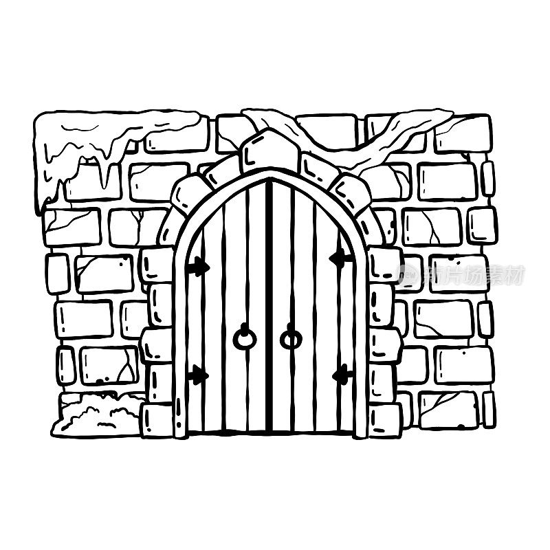 城堡的门。童话城堡或中世纪石墙入口。木制的门关闭。卡通手绘插画