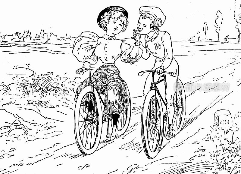 自行车夫妇并排骑着，他吻了她的手