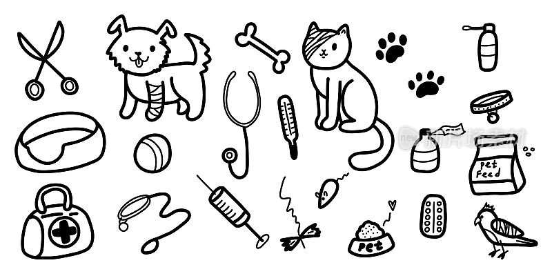 手绘涂鸦兽医诊所和宠物店。宠物，食物，玩具和美容用品。猫，狗，鹦鹉。矢量素描插图在白色背景。