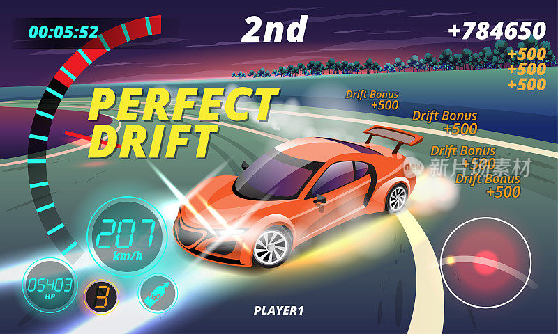 精疲力尽的汽车，游戏跑车漂移的游戏点。矢量插图在3d风格设计