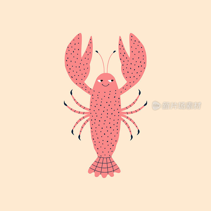 粉色龙虾手绘矢量插图。有趣的小龙虾字符在平坦的风格为孩子的标志或图标。