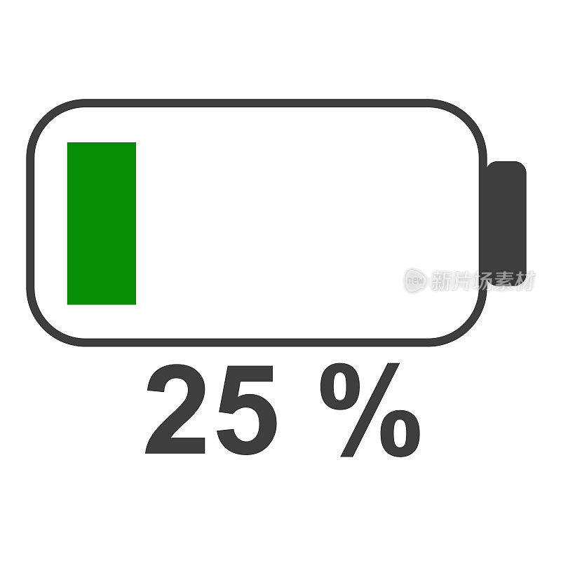 25%电池能量图标，电池充电器概念