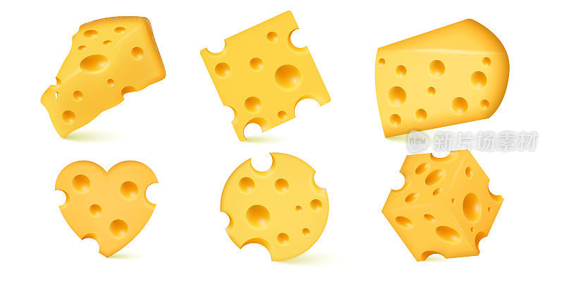 矢量3D，现实的一套新鲜营养的荷兰奶酪，非常好吃。矢量插图。