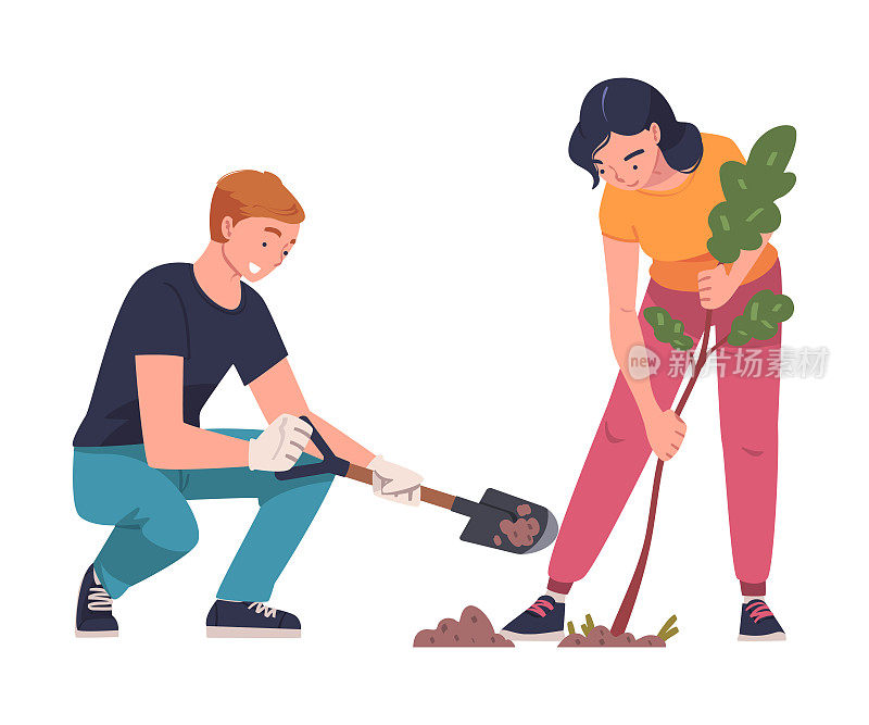 男人和女人的性格种植树木树苗在土壤中照顾地球和自然矢量插图