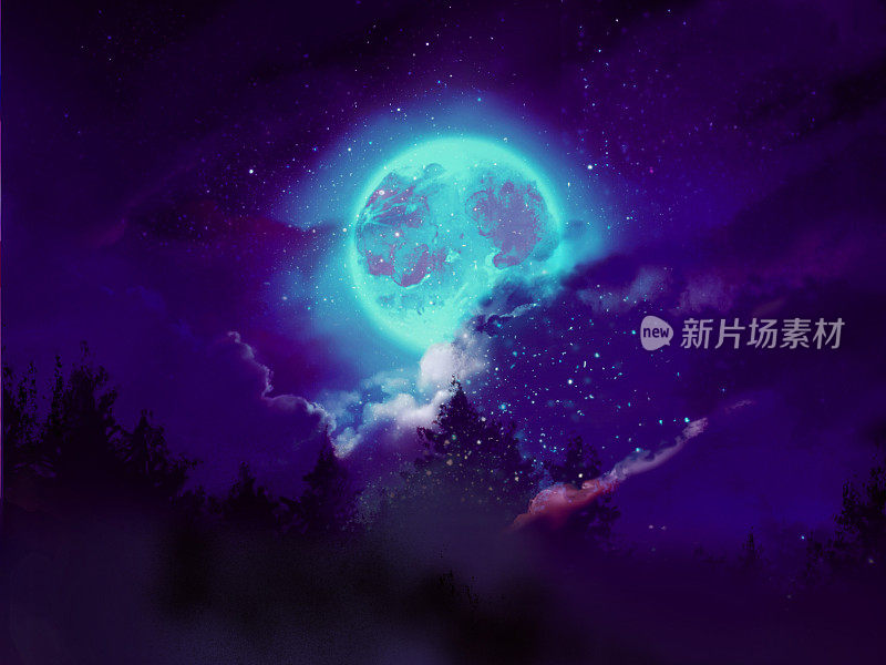 神秘的深森林夜景和闪亮的满月的梦幻背景插图