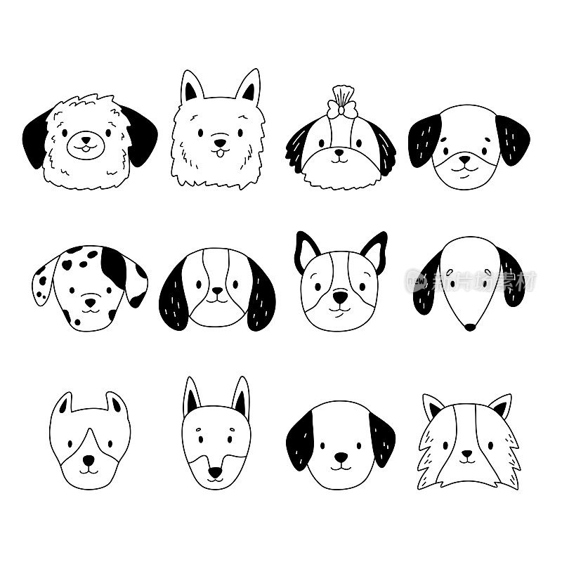 画一组狗的头。卡通宠物。