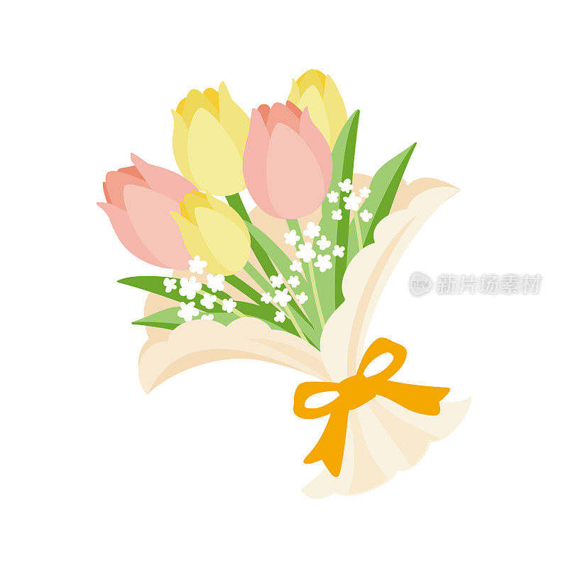 黄色和橙色的郁金香花束，带有婴儿的气息。它是用漂亮的丝带系在一起的。