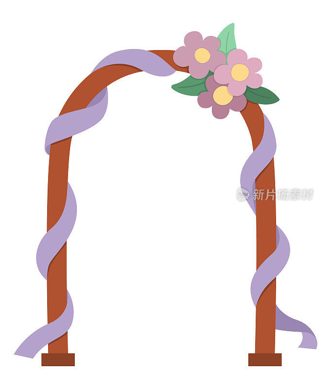 矢量婚礼拱门与鲜花和紫色丝带。可爱的婚礼剪贴画元素的新娘和新郎。只是已婚夫妇的附属品。卡通仪式插画