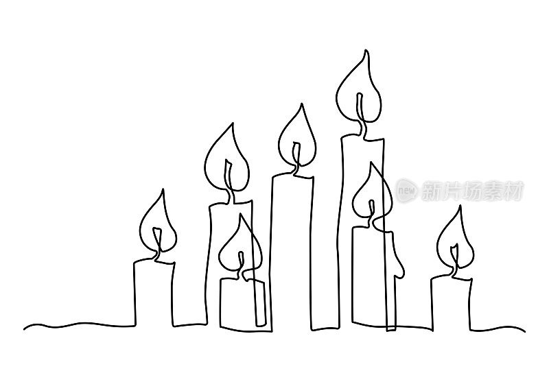 燃烧的蜡烛。圣诞装饰。这是一个浪漫夜晚的特征。烛光占卜。连续画线。矢量图