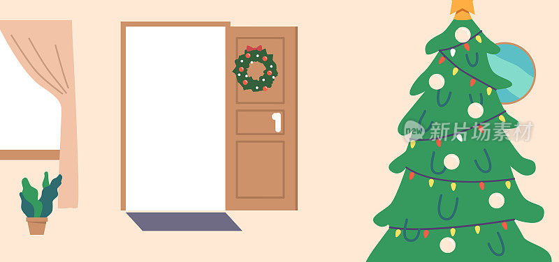圣诞家庭内部装饰杉树，打开的门，花环和窗帘的窗户。贺卡背景