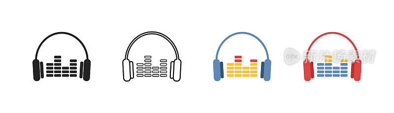 耳机轮廓图标在白色背景。红色和蓝色的耳机与音频节拍，均衡器。音乐的概念。Dj，歌曲符号。玩家装备。简单的平面设计。