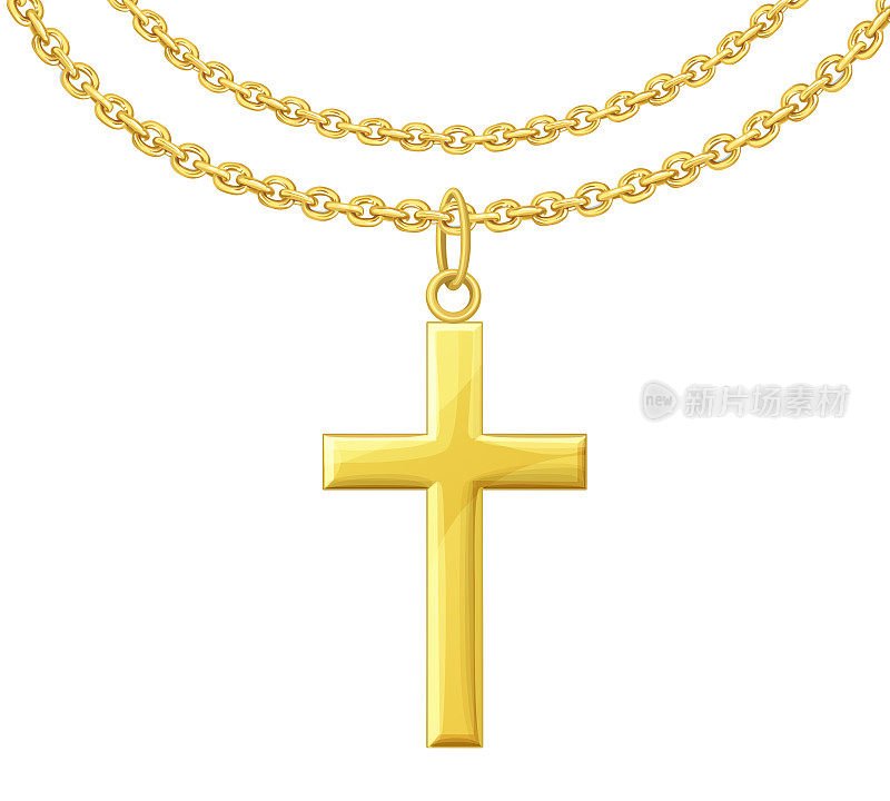 金色十字架与链矢量图标孤立在白色背景，黄金金属项链插图，宗教珠宝的象征
