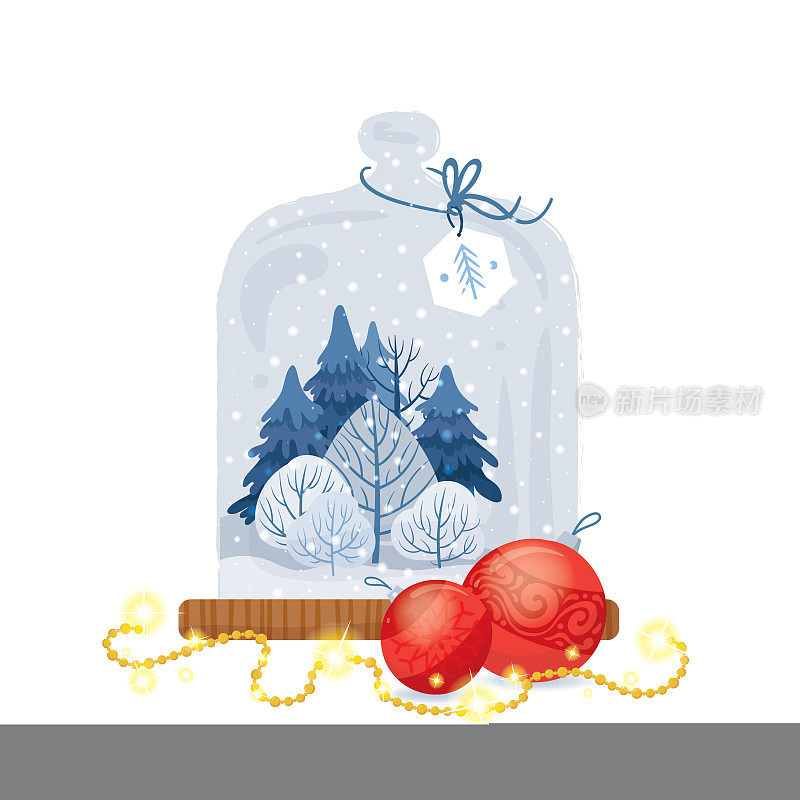 圣诞贺卡与玻璃钟罩，冬季森林和装饰品