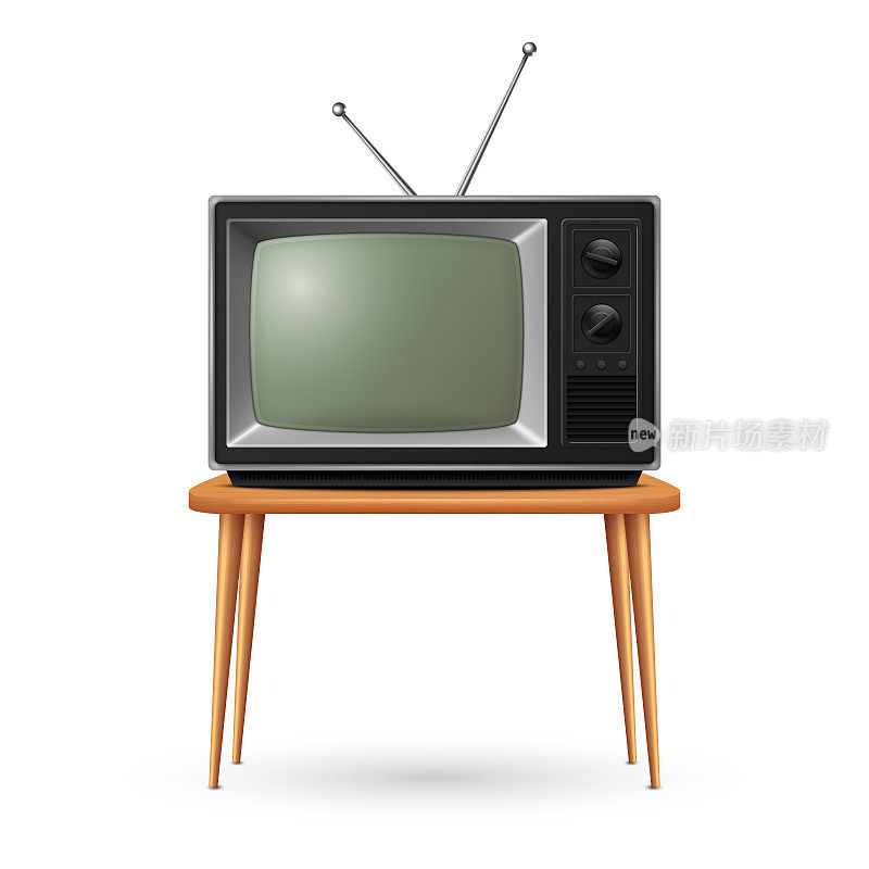 矢量3d逼真的复古电视接收器在木制桌子上站立特写隔离在白色。老式电视机。电视，正面视图