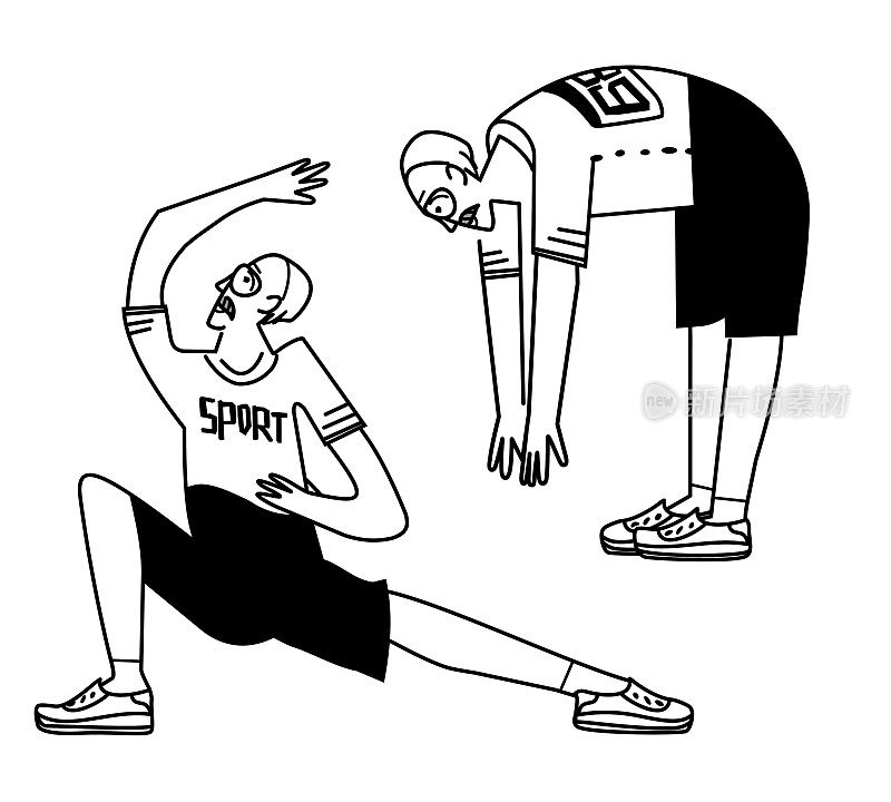 老人做运动，伸展和弯曲。黑白线艺术。图形矢量插图隔离在白色。身体健康，身体灵活。锻炼高级观念。老年人的保健