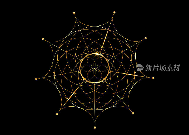 金色神圣几何，生命的种子符号。标志图标几何神秘曼陀罗炼金术深奥的生命之花。矢量金线艺术纹身神圣冥想护身符隔离在黑色背景上